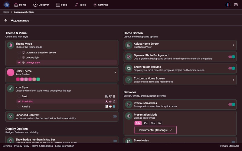 Stash2Go appearance settings showing theme and visual customization options