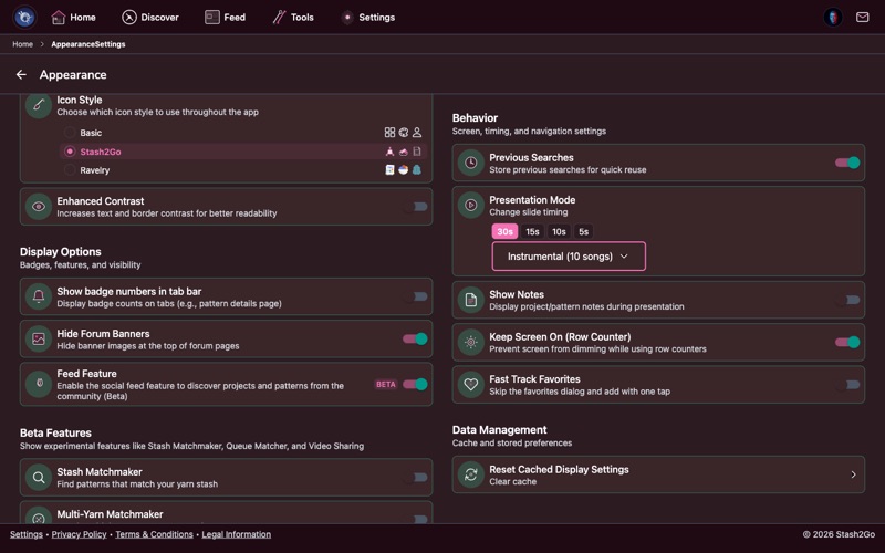 Icon pack selection showing Basic, Stash2Go, and Ravelry icon sets