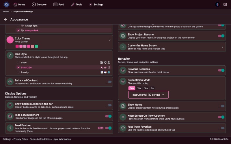 Accessibility and beta features section with Enhanced Contrast and feature toggles