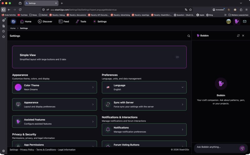 Stash2Go Settings with Bobbin side panel open, showing the craft assistant welcome screen