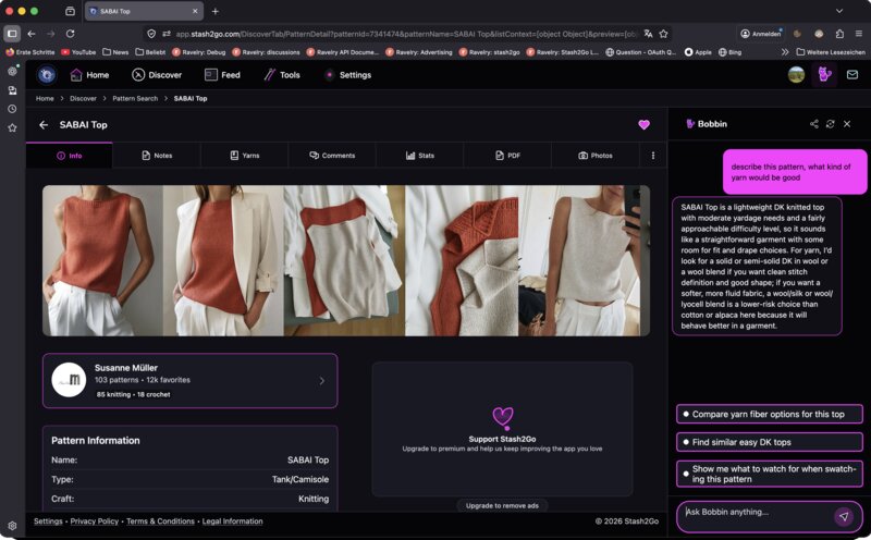 Bobbin providing yarn and technique advice while viewing a specific pattern