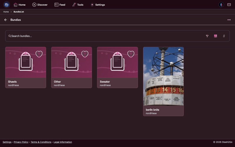 Stash2Go bundles list showing your pattern collections and saved bundles
