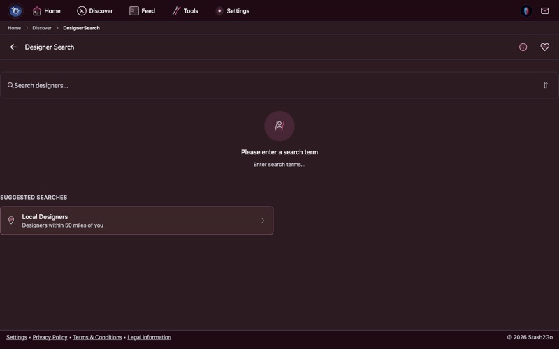 Stash2Go Discover tab with Designer Search showing search results