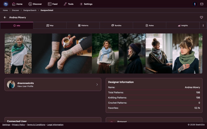 Designer profile page showing bio and pattern catalog in Stash2Go