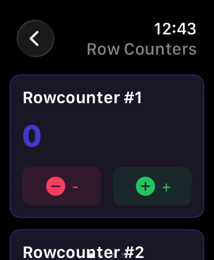 Apple Watch row counter with large tap targets for incrementing