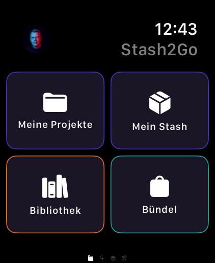 Apple Watch home screen with Projects, Stash, Library, and Bundles tiles