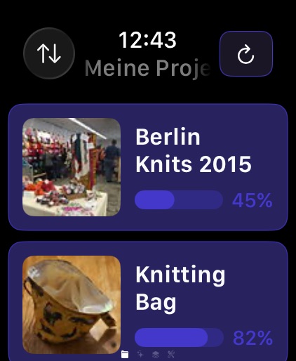 Apple Watch project list showing progress percentage and photos