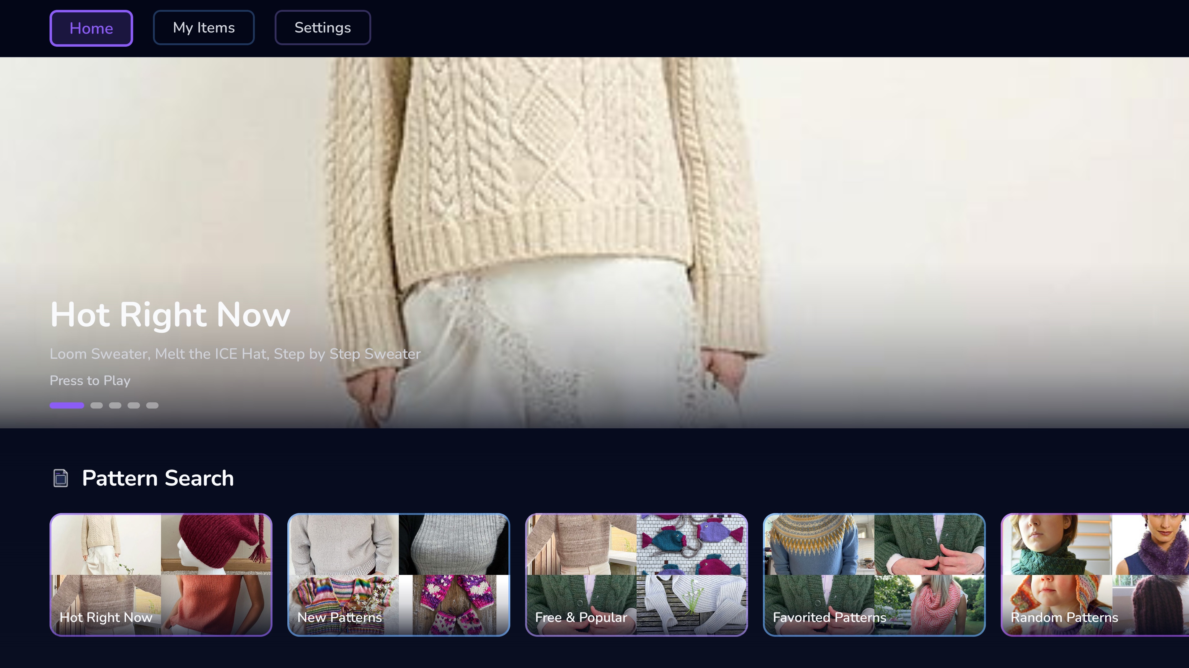 Stash2Go on Google TV showing Home tab with Hot Right Now and Pattern Search rails
