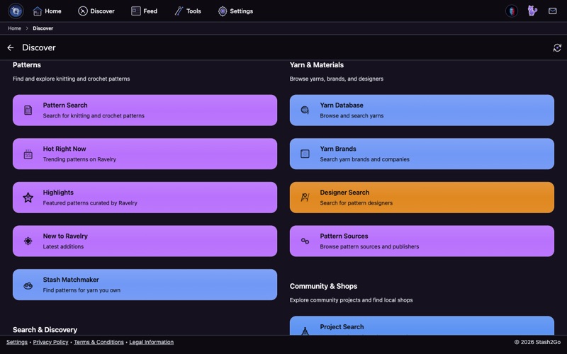 Yarn & Materials section with Yarn Database, Yarn Brands, and Designer Search