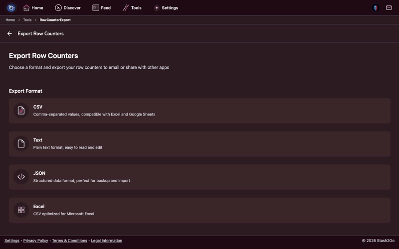 Stash2Go export options available in Tools and Settings screens