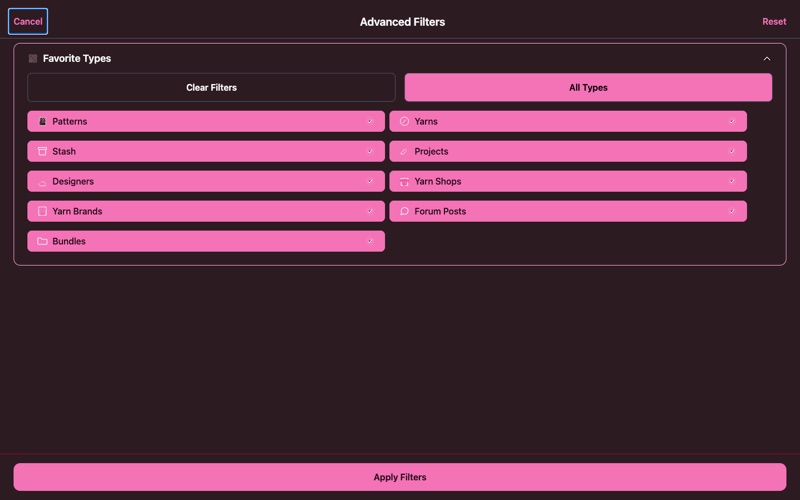 Stash2Go favorites filter options by type, craft, and category