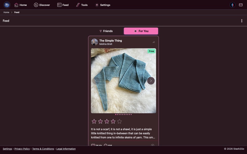 Stash2Go For You feed showing personalized pattern and project recommendations