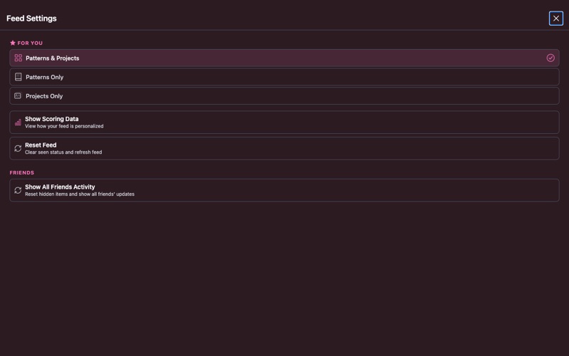 Feed settings modal showing content type selection and reset options