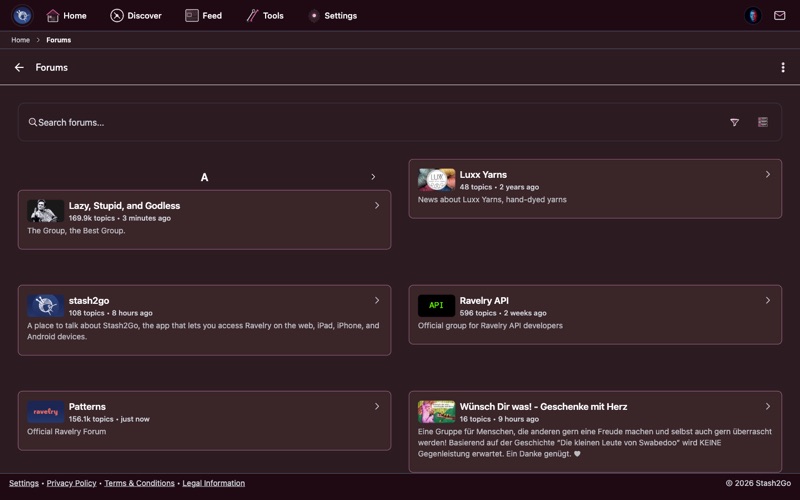 Stash2Go forums screen showing forum categories organized by topic
