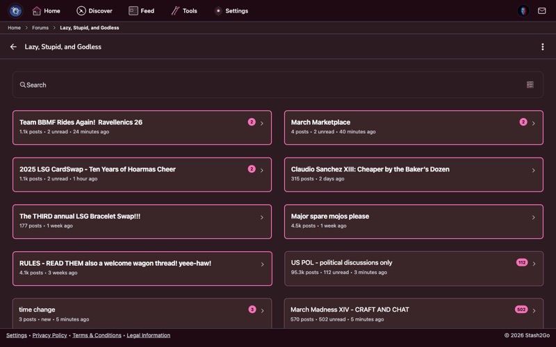 Forum topic list showing titles, authors, reply counts, and last activity