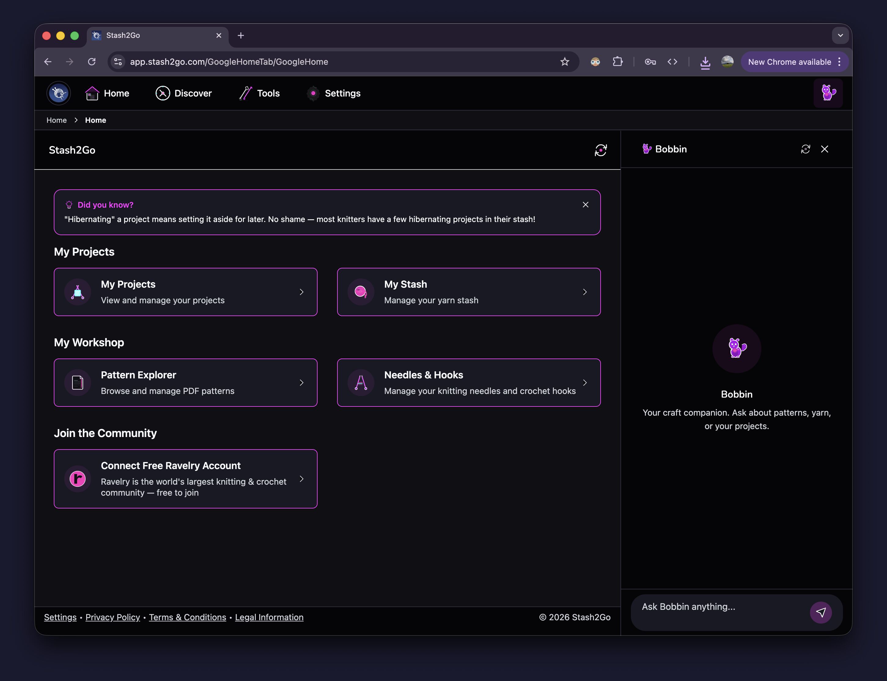 Stash2Go home screen in Google-only mode with projects, stash, pattern explorer, and needles