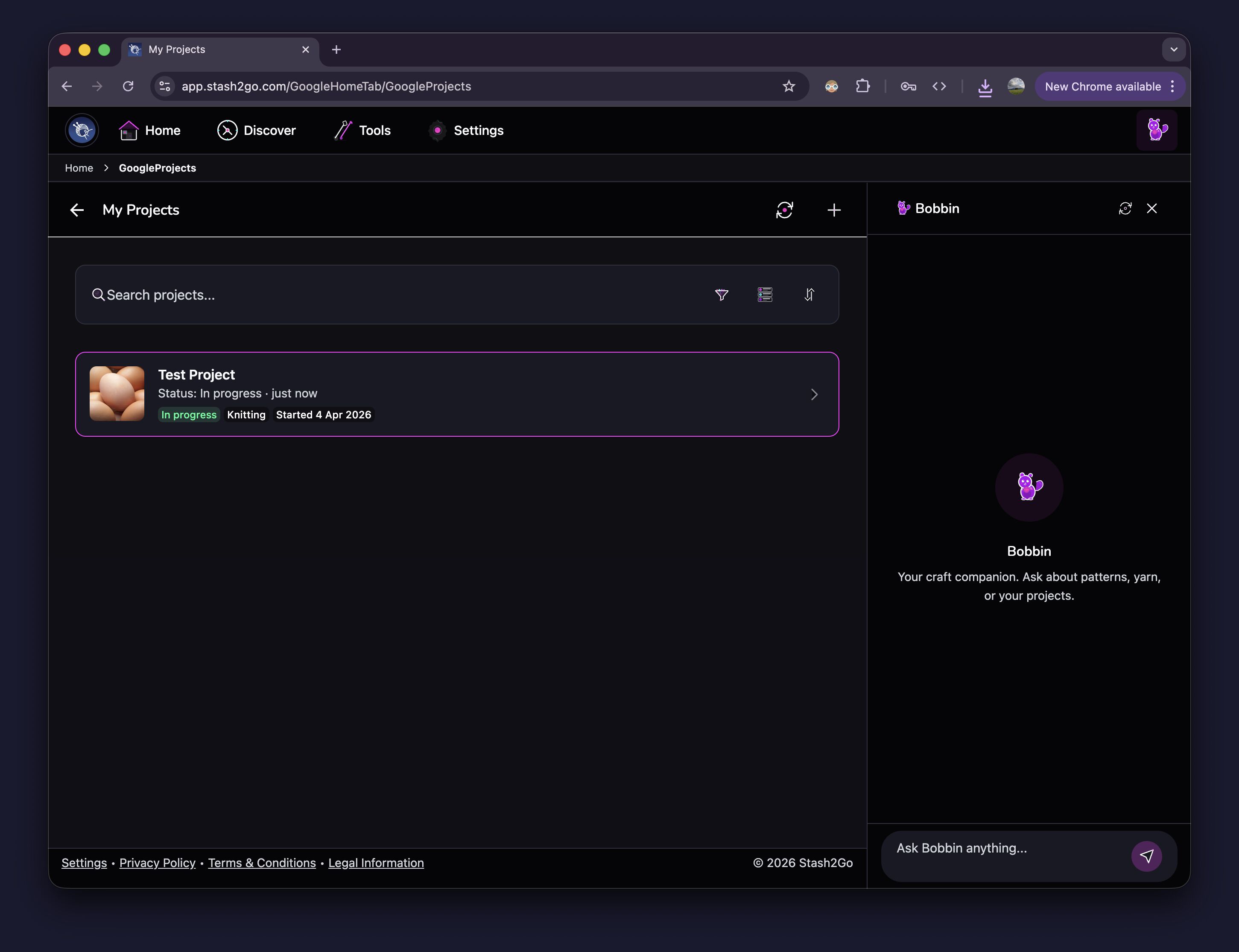 Project list showing a knitting project with status and date