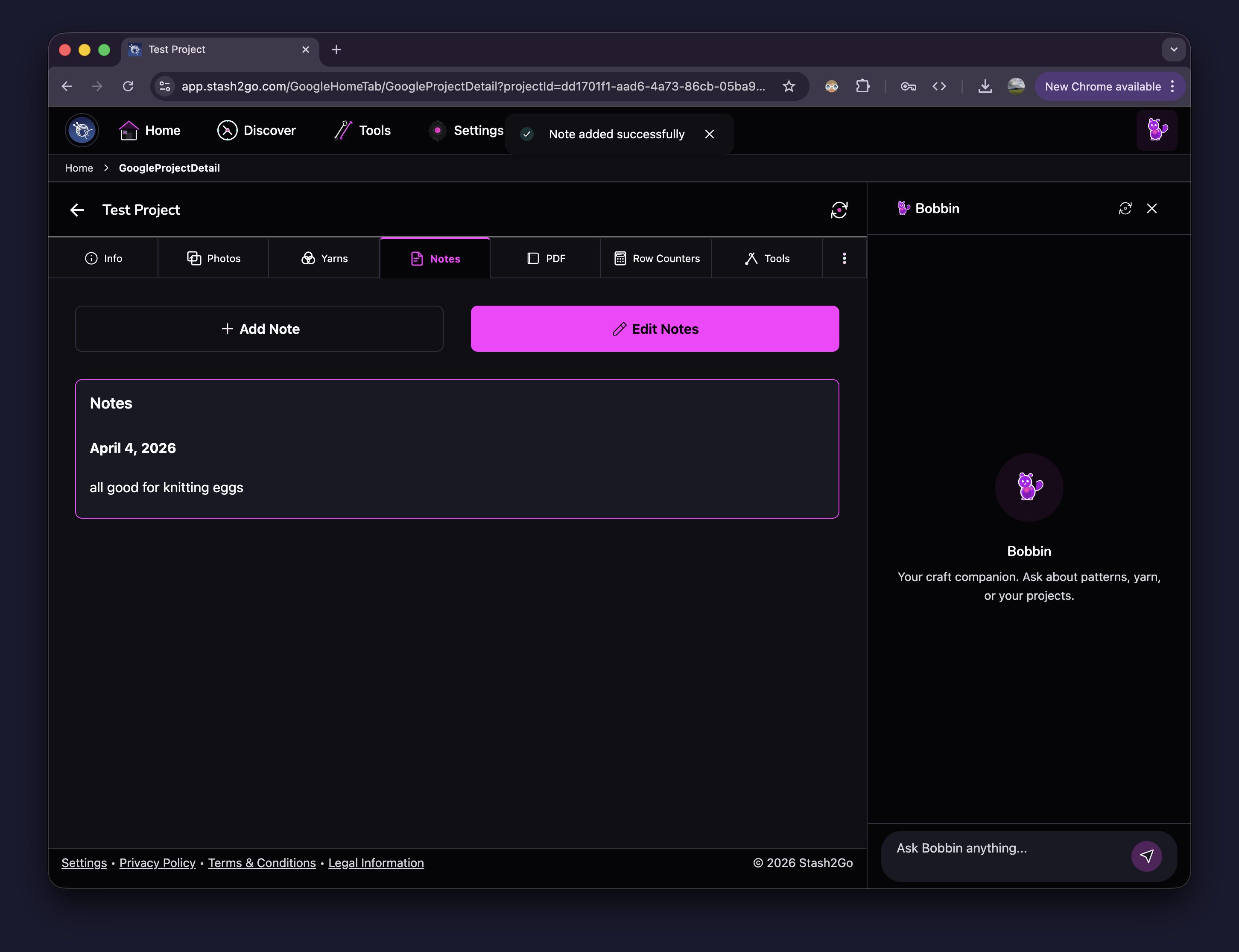 Project notes tab with dated note entry