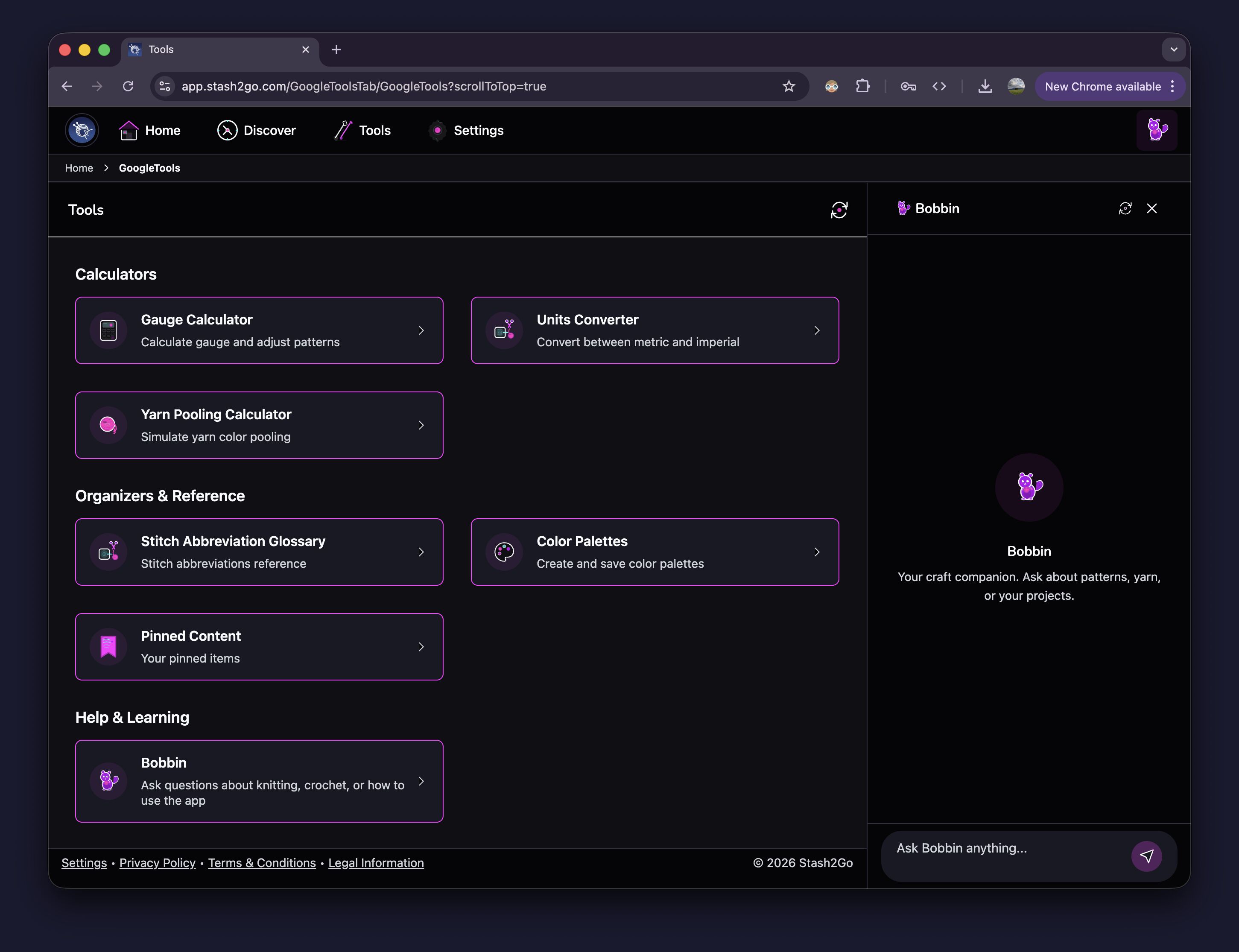 Tools tab with Gauge Calculator, Units Converter, Yarn Pooling Calculator, Stitch Glossary, Color Palettes, and Bobbin