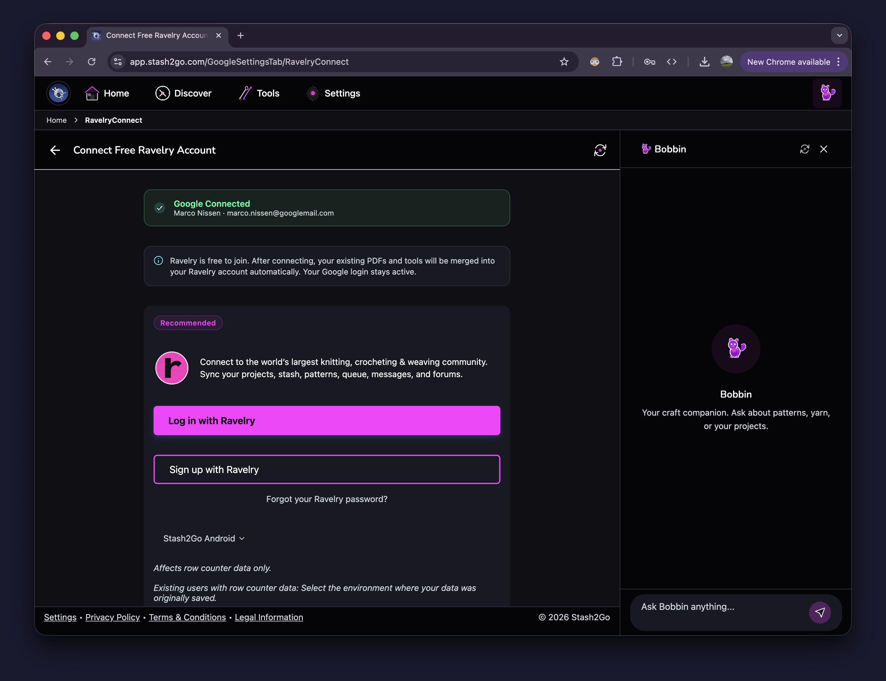Connect Free Ravelry Account screen showing Google Connected status and Ravelry login options