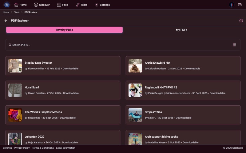PDF Explorer showing all pattern PDFs available in your Ravelry library