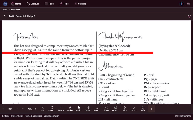 Knitting dashboard side panel showing row counters, design choices, and notes alongside the PDF