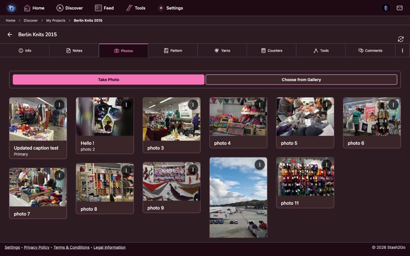 Stash2Go project Photos tab showing a masonry grid of project photos
