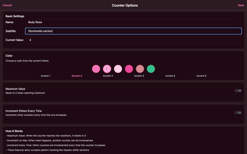 Counter settings showing name, subtitle, and six theme-based color options