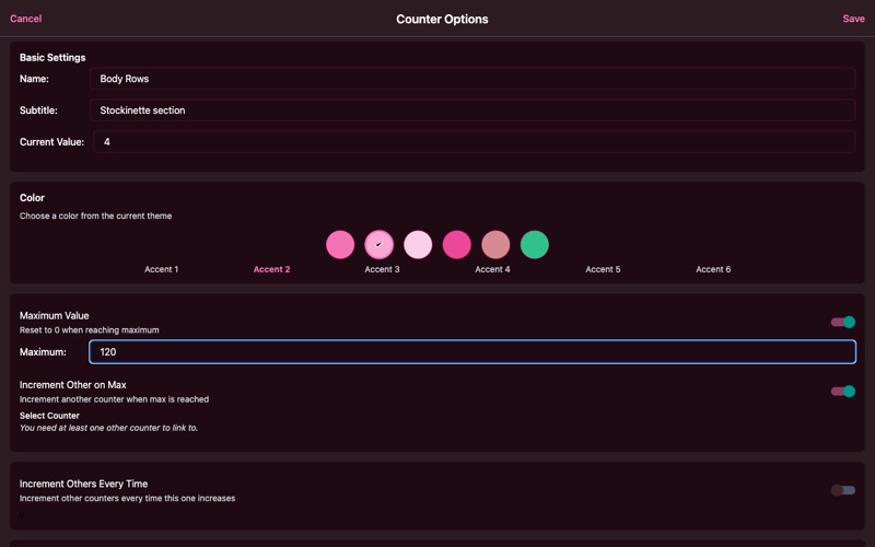 Increment-on-max toggle showing selection of which counter to increment when maximum is reached
