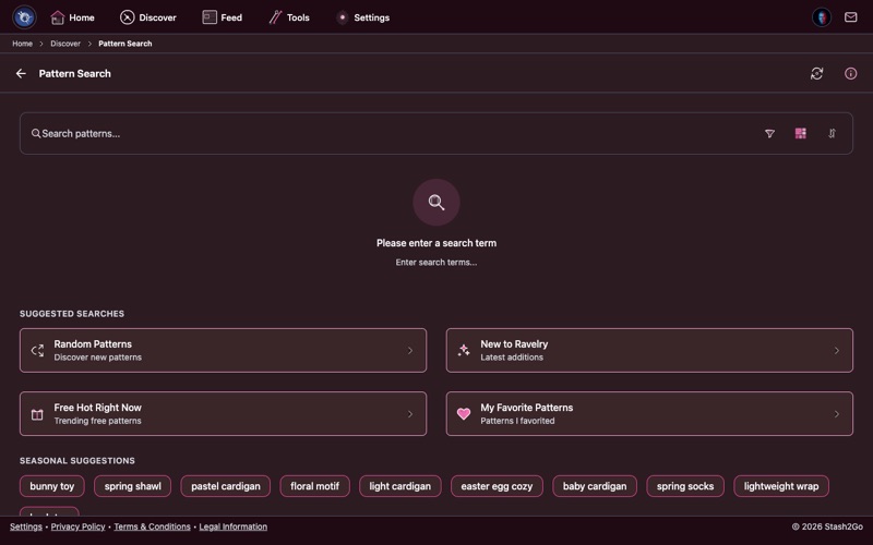 Pattern search screen with search bar and filter button