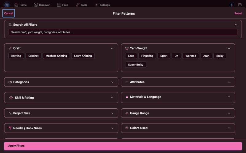 Filter panel showing Craft and Yarn Weight options