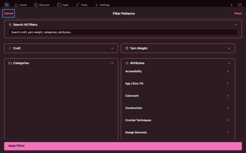 Filter panel showing Attributes like worked flat, in the round, seamless, top-down