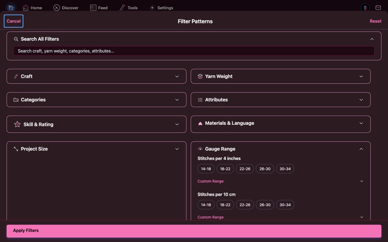 Filter panel showing Gauge Range, Needle/Hook Sizes, and Colors Used