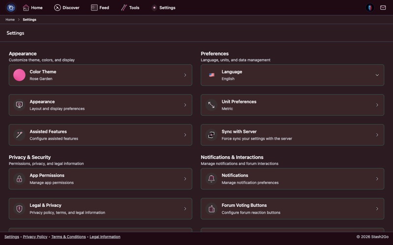 Stash2Go settings screen showing all configuration options
