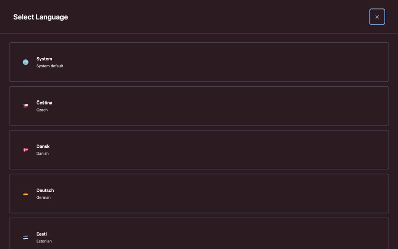 Language selection screen showing available languages