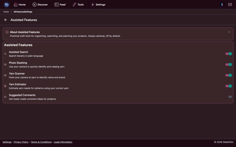 Assisted Features settings with toggles for Yarn Scan, Stashing, Yarn Estimator, Quick Comments, and Search