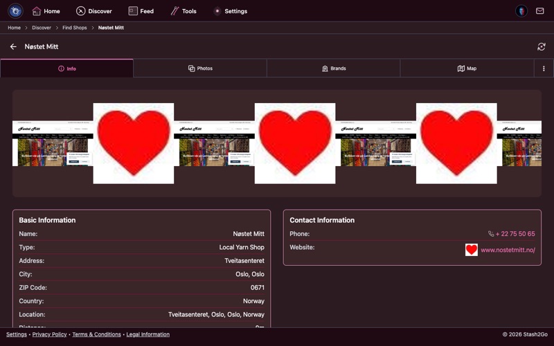 Shop detail page showing address, opening hours, phone number, and directions button