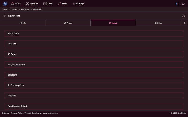 Shop brands tab showing yarn brands carried by the shop