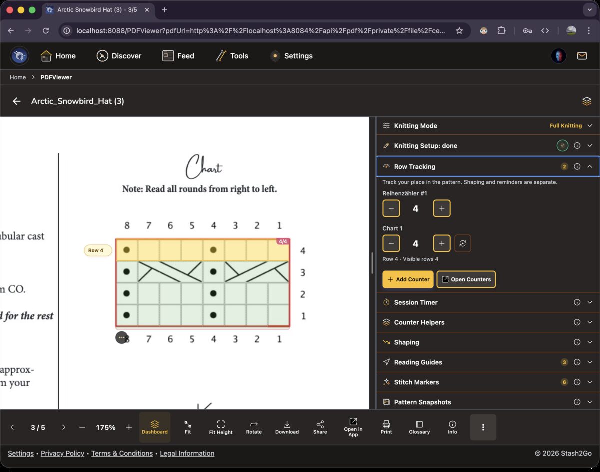 Row Tracking section expanded showing two counters with plus and minus buttons, alongside the chart with a highlighted row