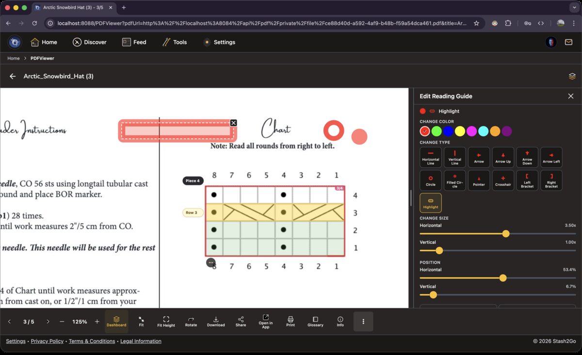Edit Reading Guide panel showing marker types: horizontal line, vertical line, arrow, circle, bracket, highlight rectangle, filled circle, line half
