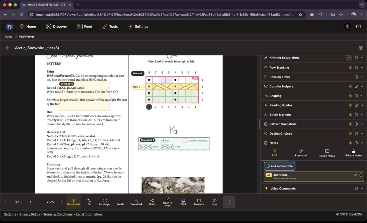 Pattern note card attached to the PDF with text content