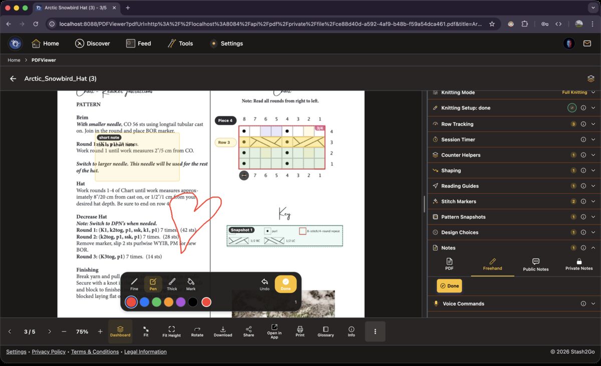 Freehand drawing on a pattern PDF with a heart drawn in red ink and the drawing toolbar visible