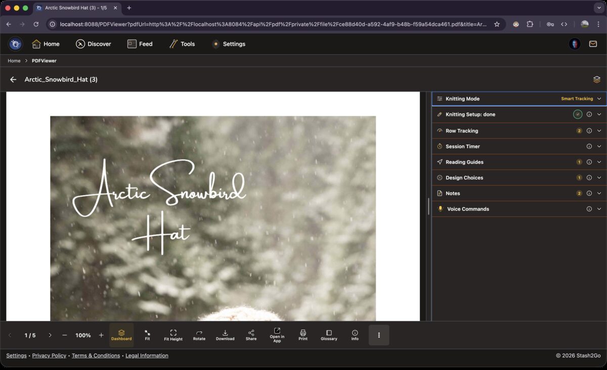 Smart Tracking mode showing Knitting Setup, Row Tracking, Session Timer, Reading Guides, Notes, and Voice Commands
