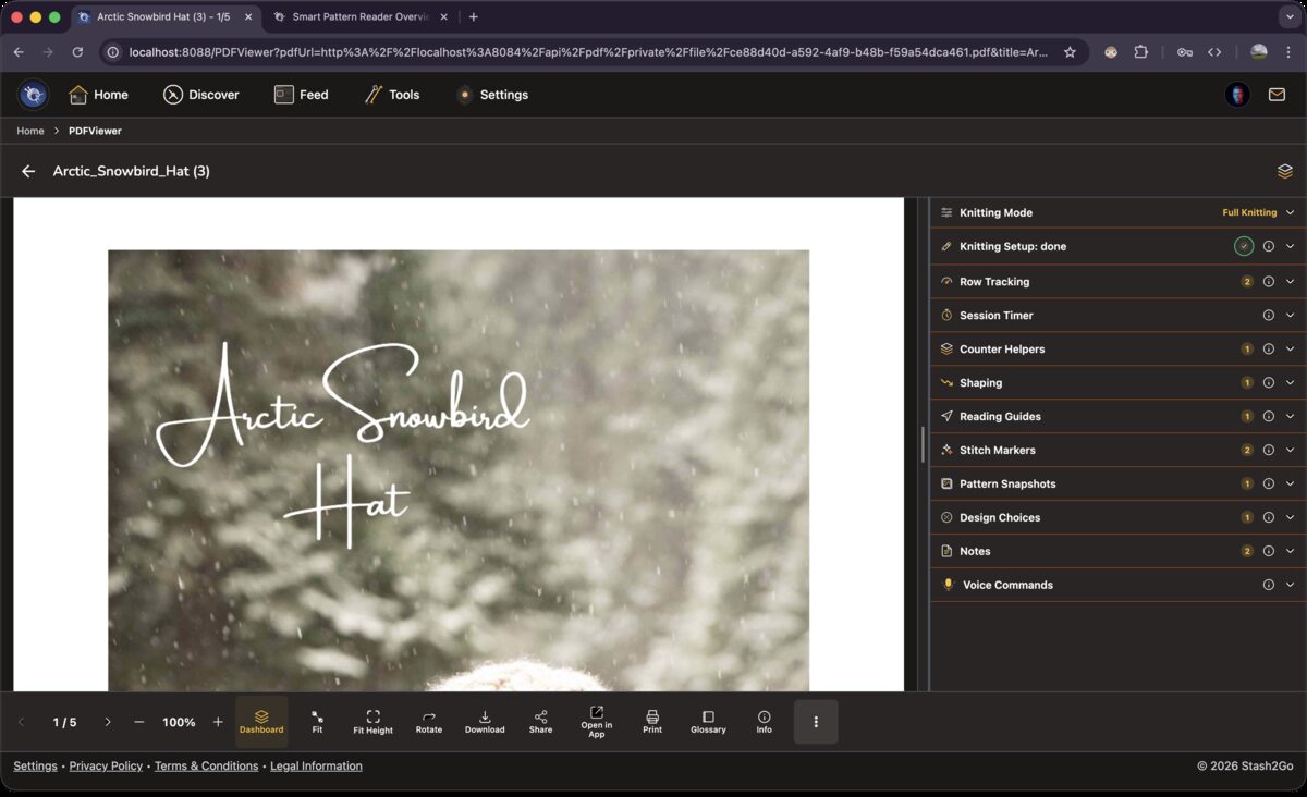 Full Knitting mode showing all sections: Setup, Row Tracking, Session Timer, Counter Helpers, Shaping, Reading Guides, Stitch Markers, Pattern Snapshots, Design Choices, Notes, Voice Commands