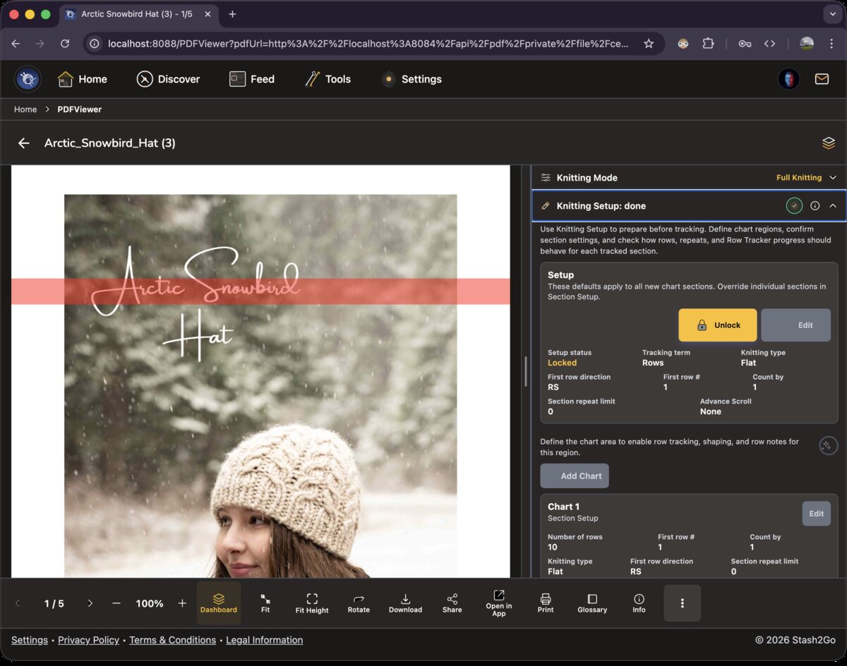 Knitting Setup section expanded in the sidebar showing Lock and Edit buttons, with Chart 1 details visible