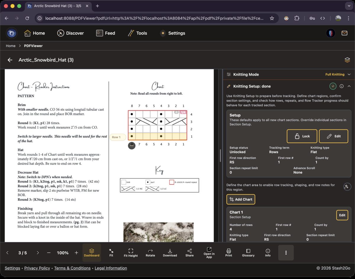 Chart page zoomed in with Row 2 highlighted in yellow on the colorwork chart, setup panel showing Chart 1 configured