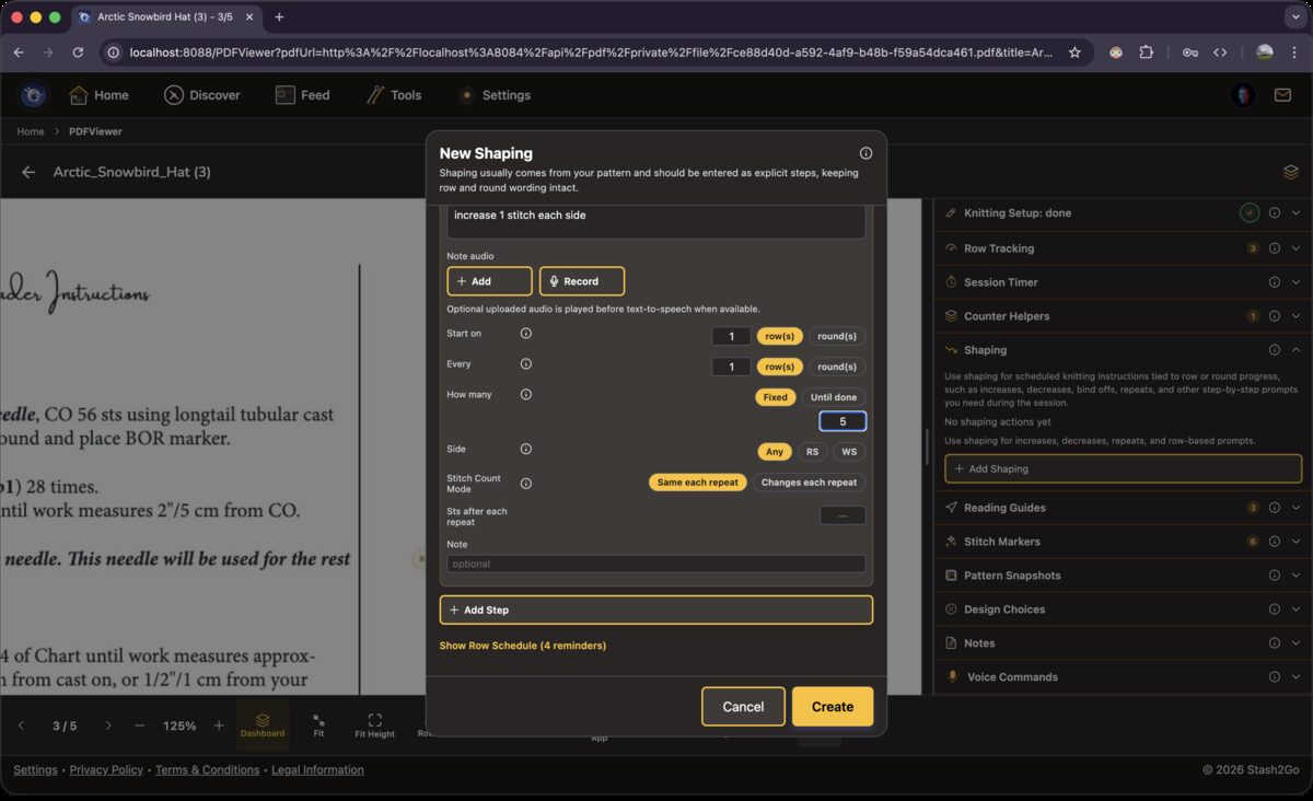 New Shaping dialog scrolled down showing step details: increase 1 stitch each side, every N rows, stitch count tracking, and Add Step button