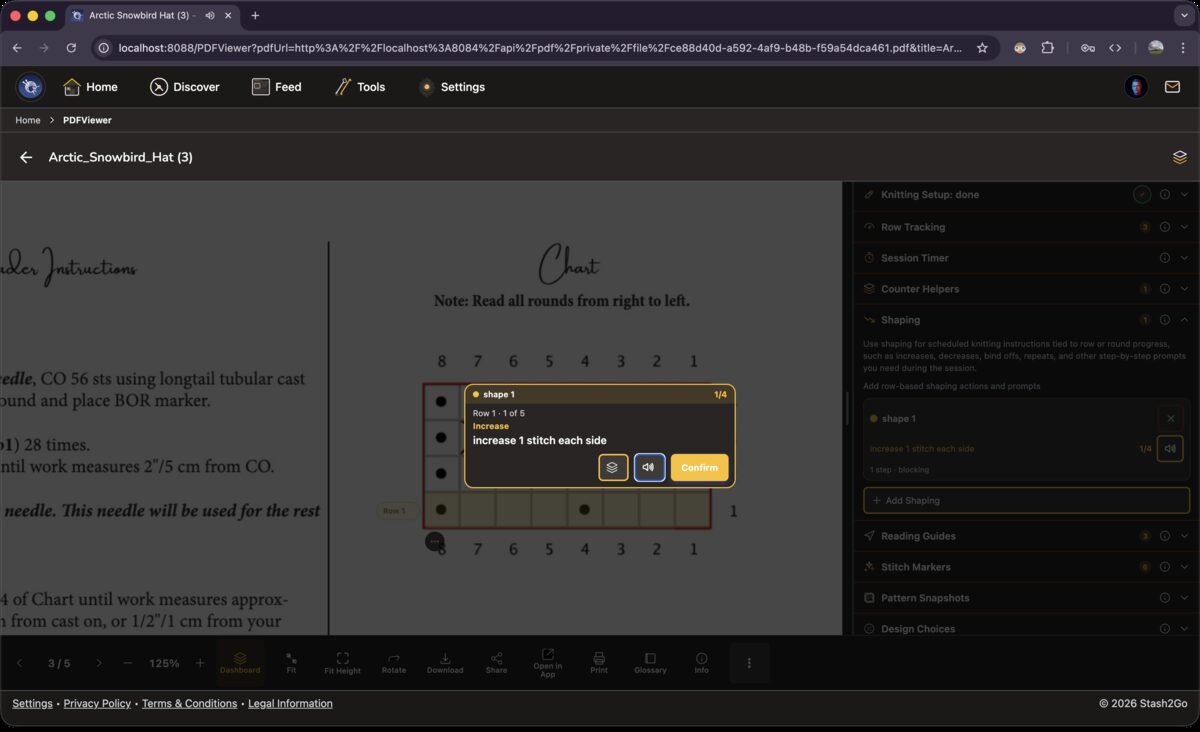Shaping card overlaid on the chart showing shape 1, Row 1-1 of 5, with the instruction increase 1 stitch each side and a speaker icon for audio
