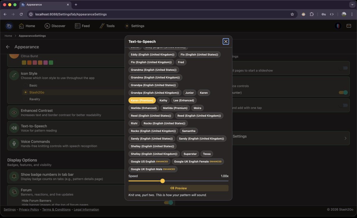 Text-to-Speech settings with voice selection list, speed slider, and preview button