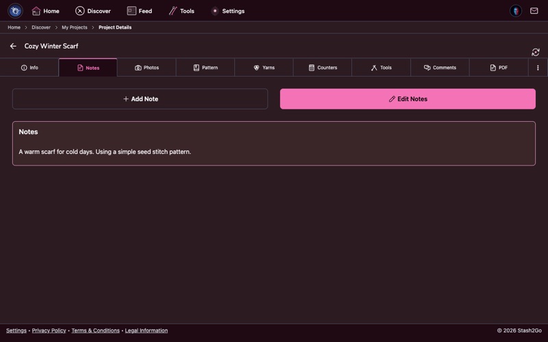 Project notes tab showing dated notes with markdown formatting